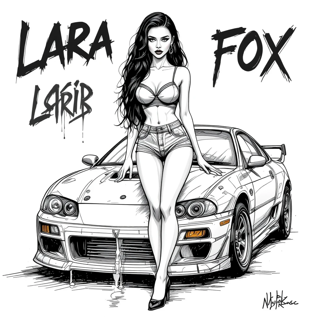 Mulher confiante posando ao lado de carro de drift japonês em line art