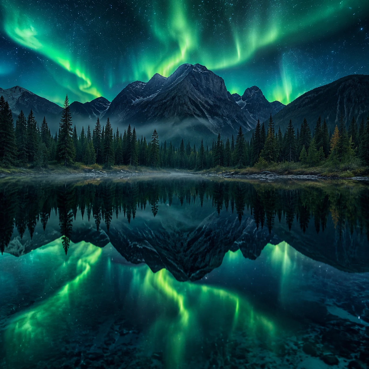 Aurora Reflected Over A Still Digital Forest Lake