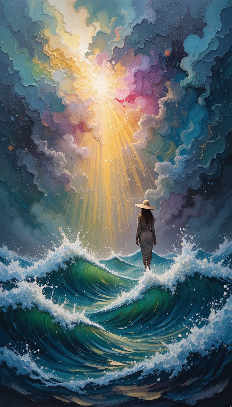 Ondas dramáticas do oceano sob nuvens de tempestade e raios de sol