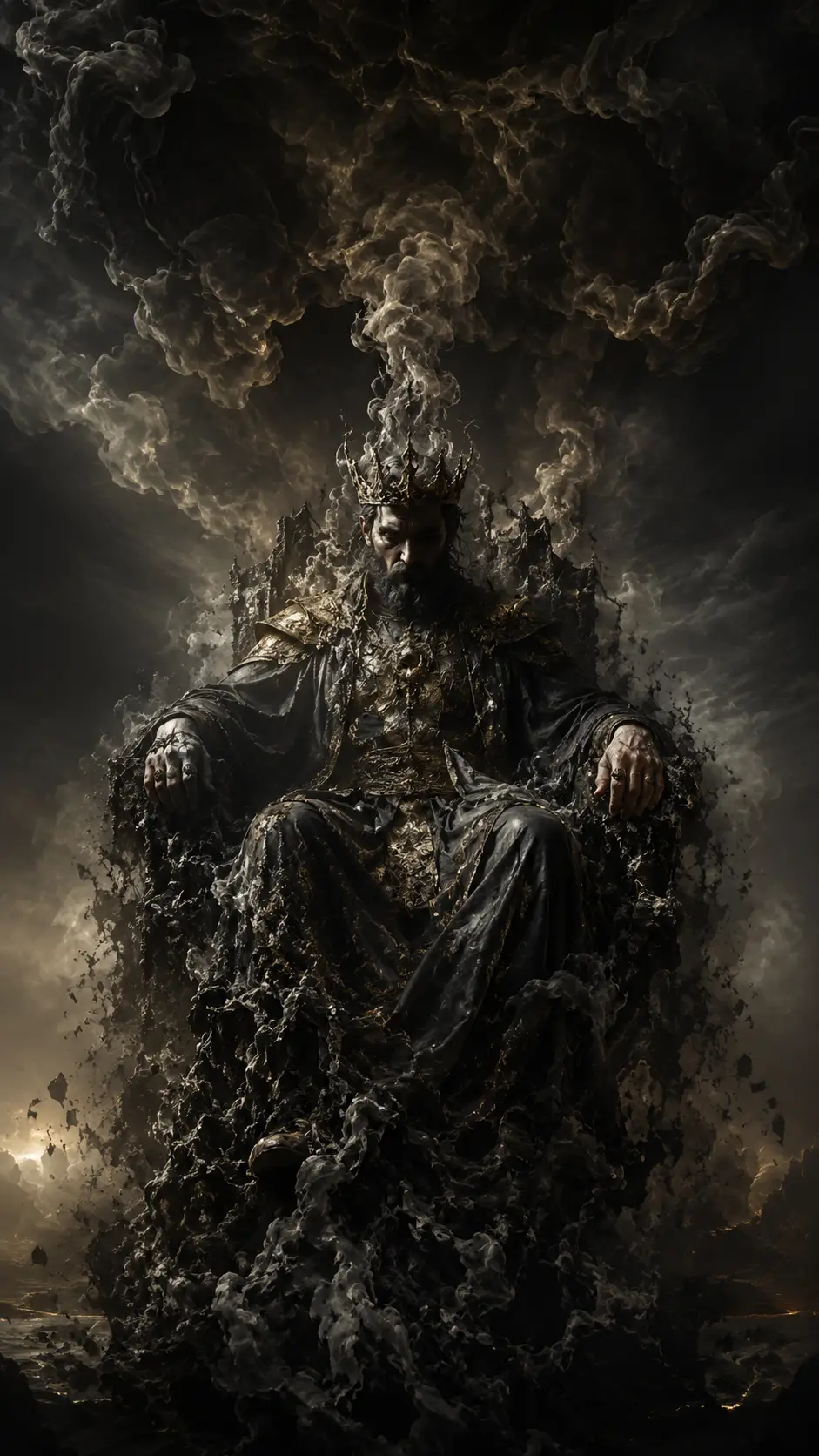 Ominous king on a dissolving smoky throne in shadow