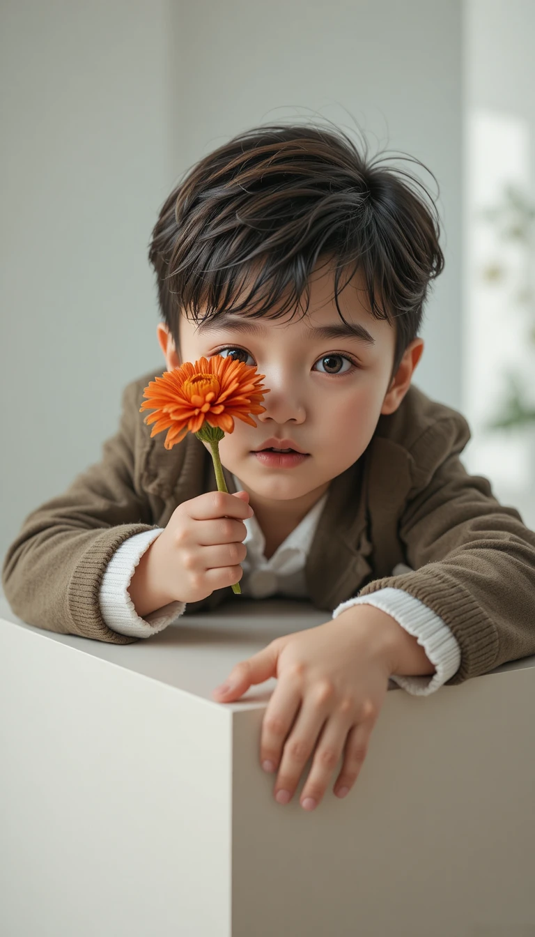 Girl leaning on cube holding orange flower in studio