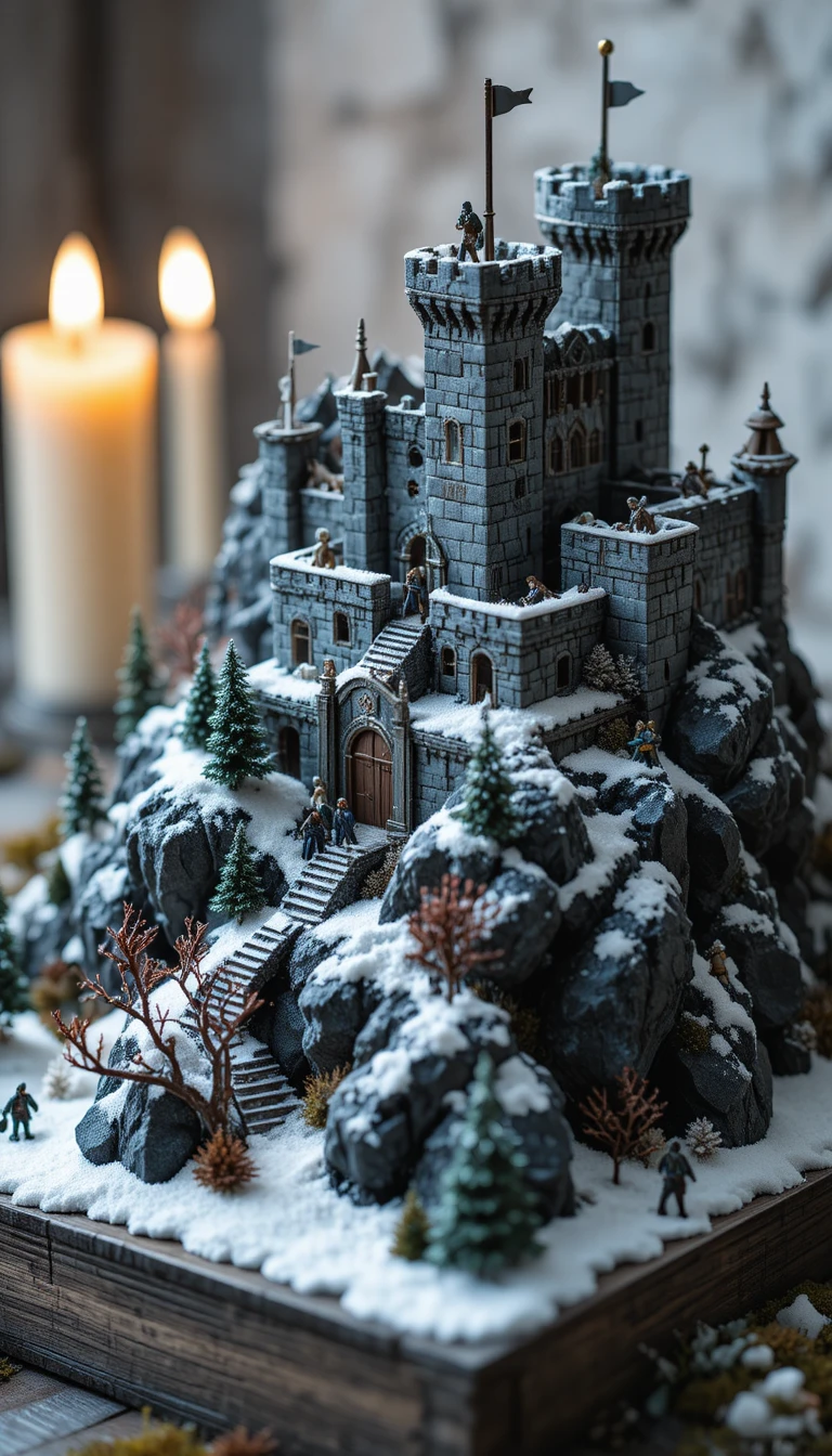 Fortaleza medieval em miniatura em montanha nevada à luz de velas