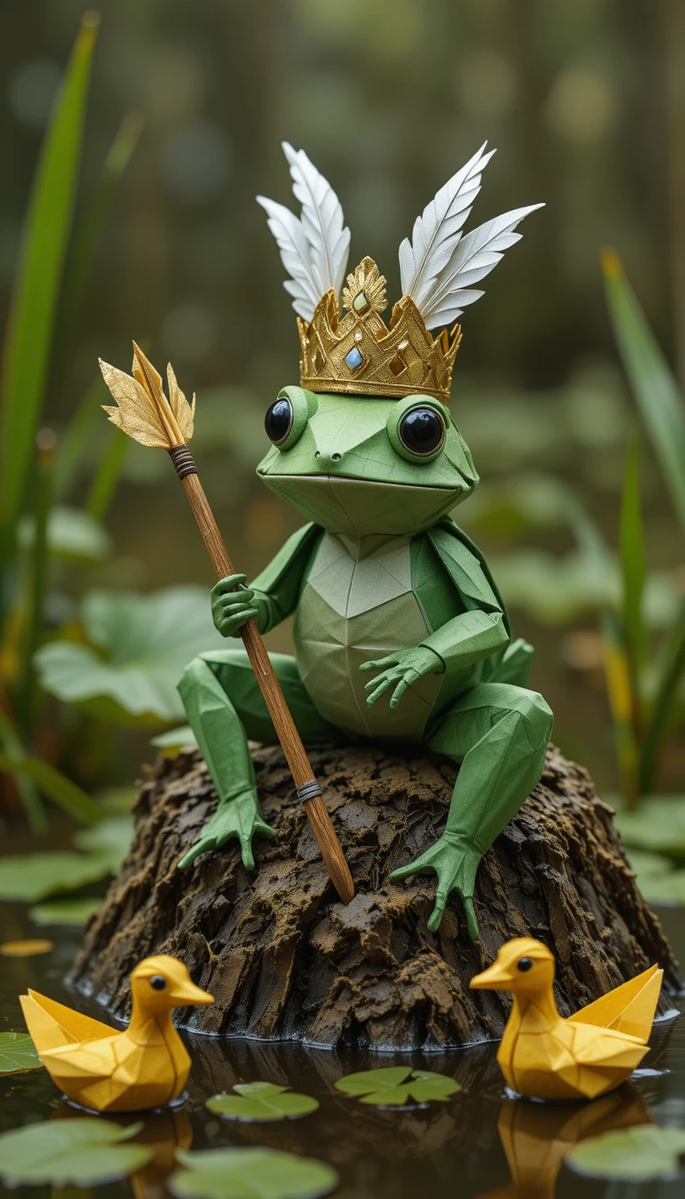 Sapo de origami com coroa segurando uma flecha em um pântano