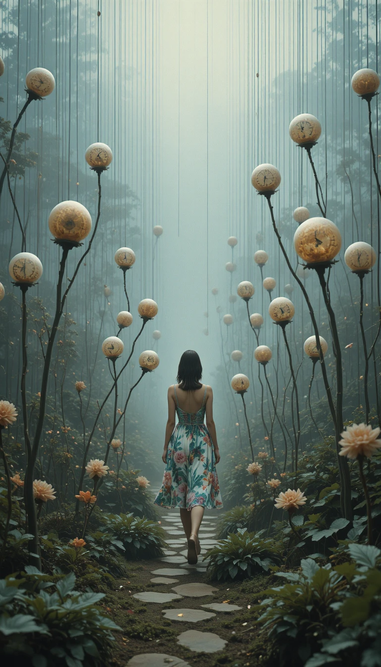 Garota de vestido em aquarela caminhando por jardim surreal de vidro