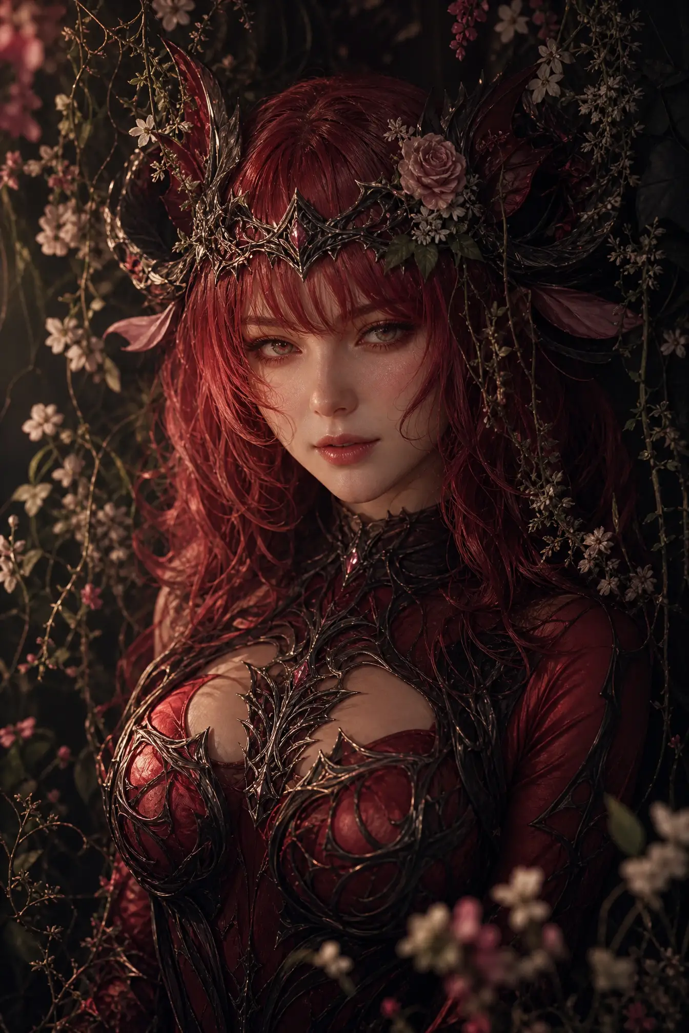 Portrait de femme avec feuillage sombre et fleurs délicates