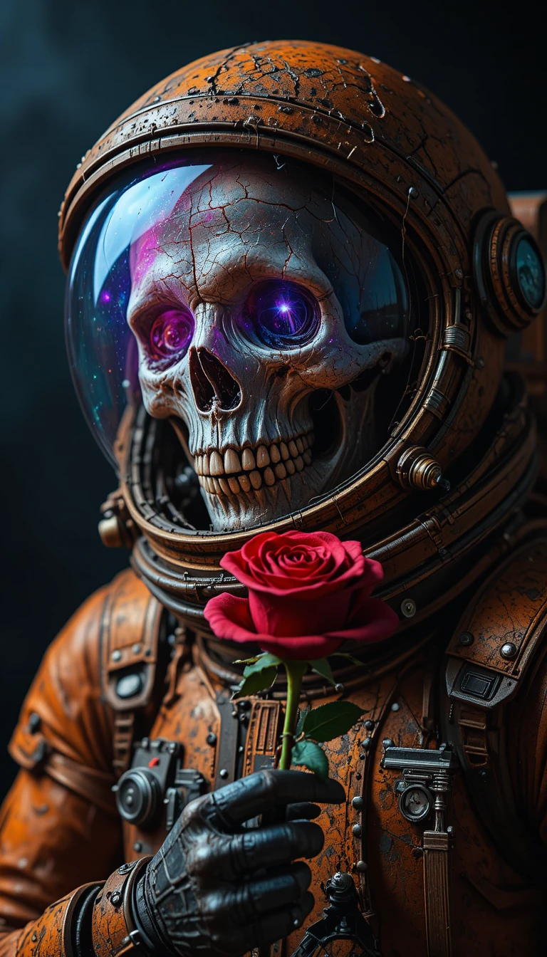 Astronaute squelettique tenant une unique rose rouge lumineuse