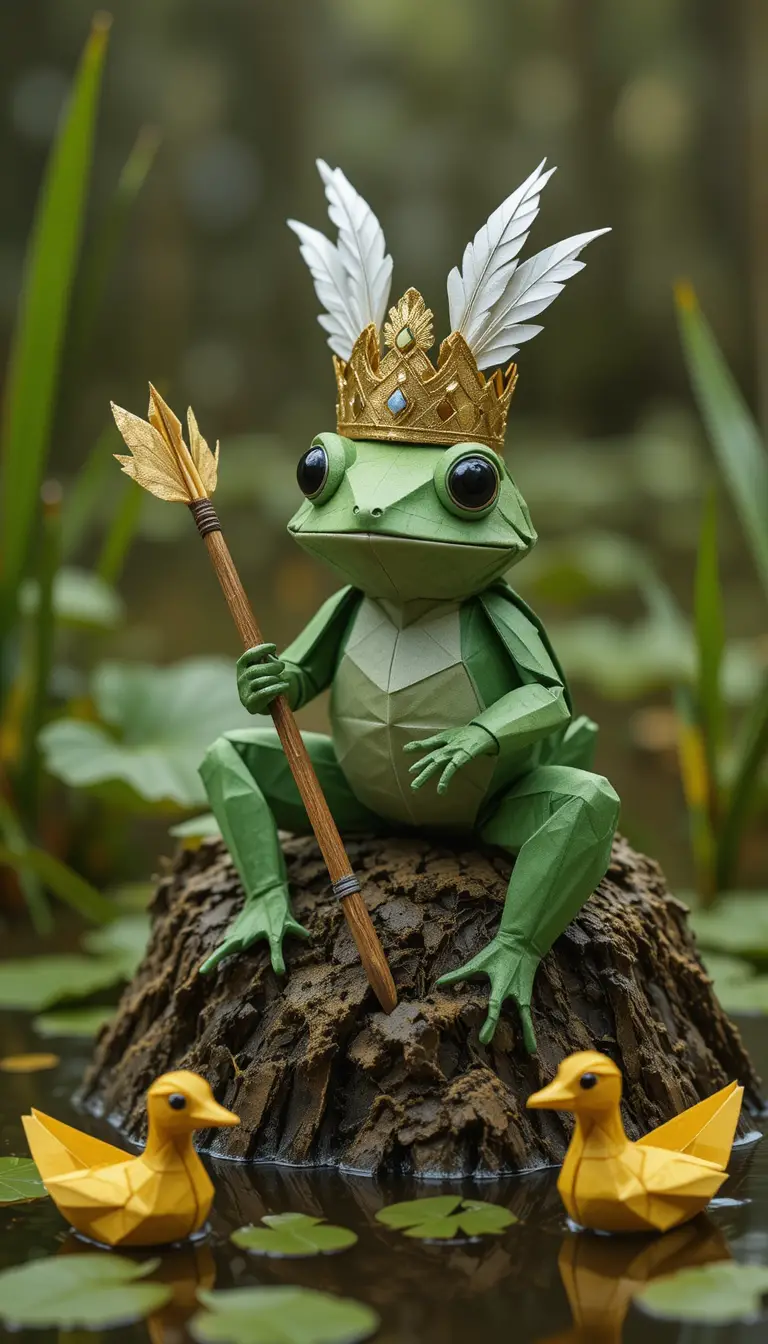 Grenouille en origami avec couronne tenant une flèche dans un marais