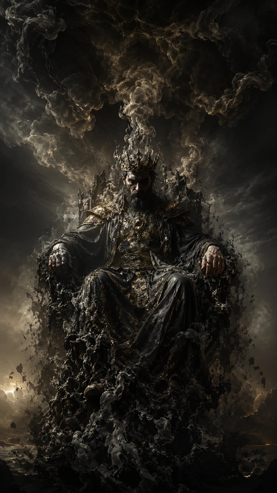 Ominous king on a dissolving smoky throne in shadow