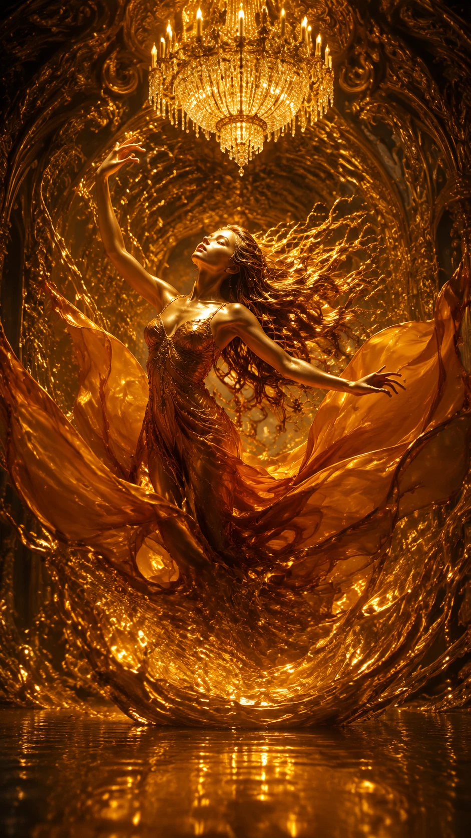 Donna eterea sospesa in un vortice di oro fuso in un interno