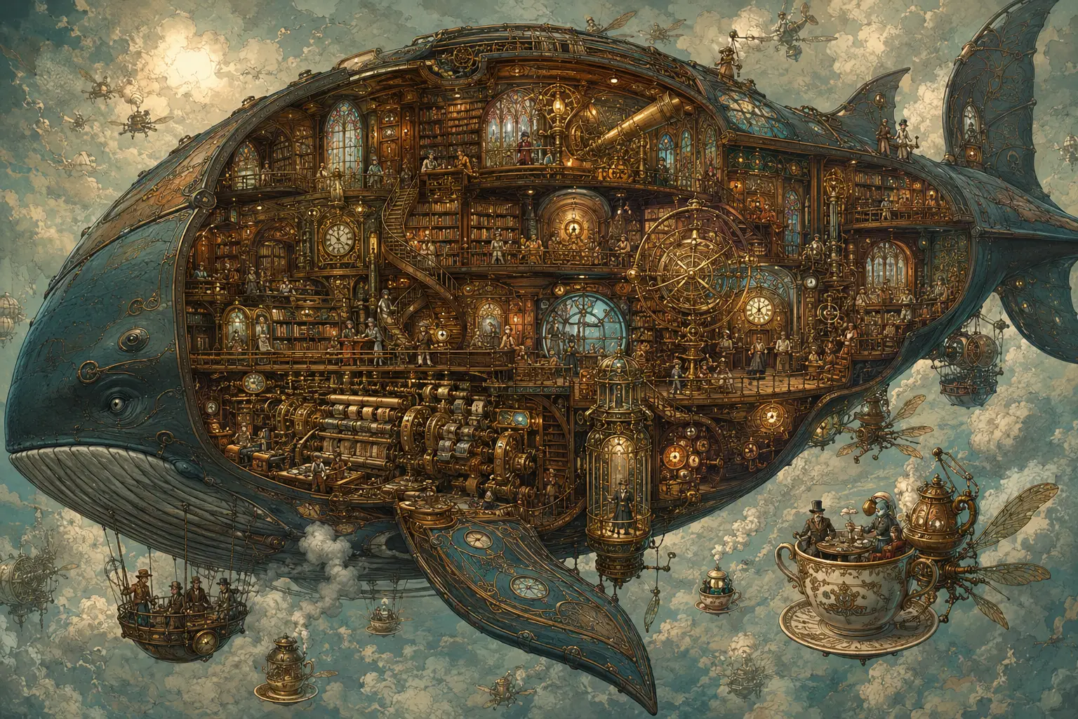 Gigantic Mechanical Whale Airship With Steampunk Library Interior