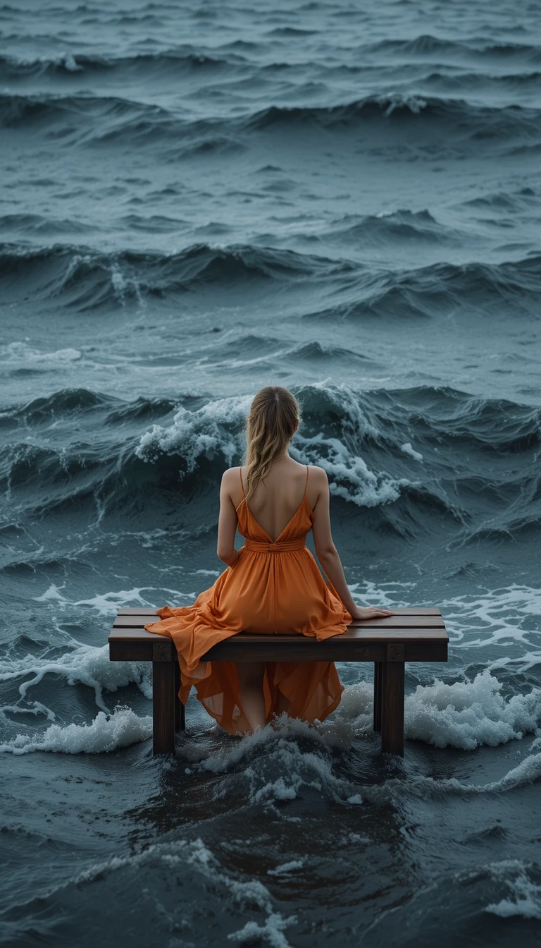 Femme en robe orange sur un banc au-dessus d’un océan déchaîné