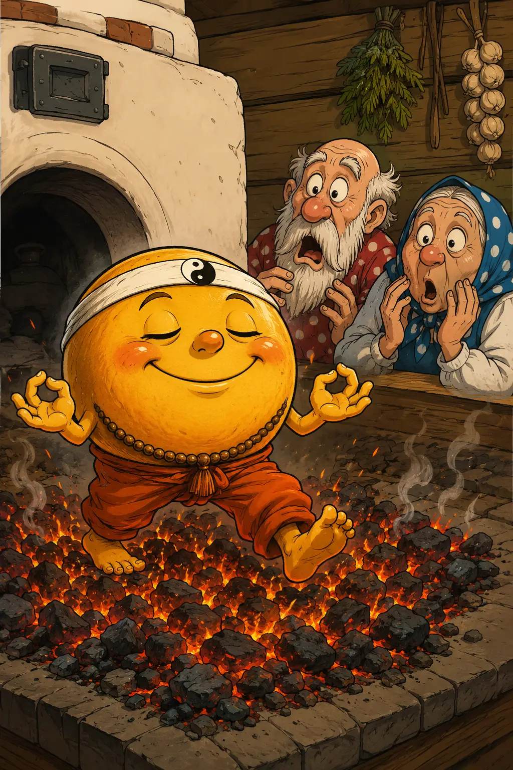 廚房裡踩在炭火上的卡通麵包角色