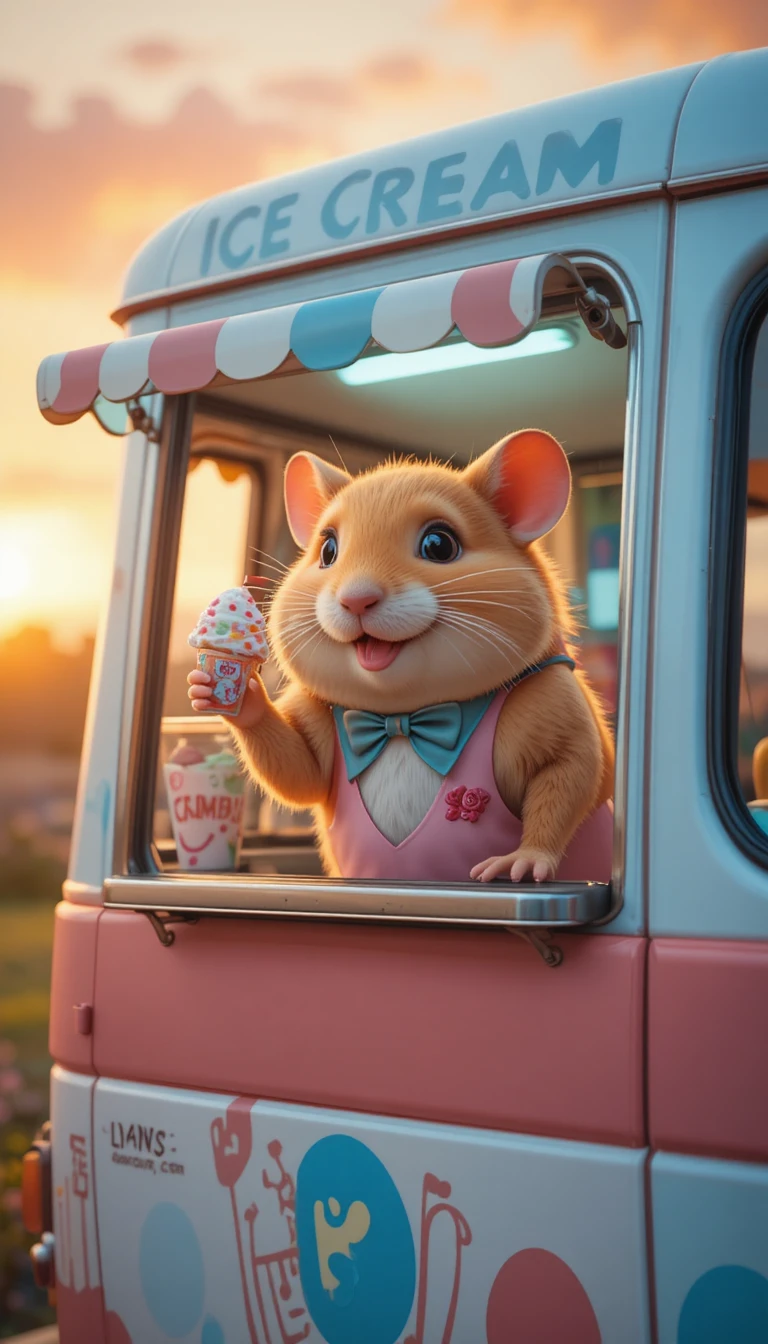 Cute hamster ice cream vendor at a sunset truck window