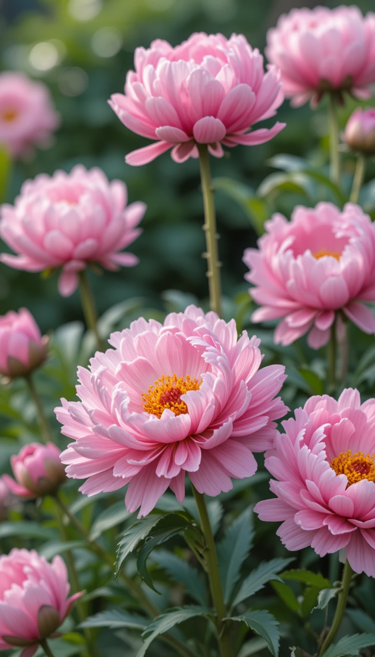 Soft pink peonies in serene wabi sabi garden style