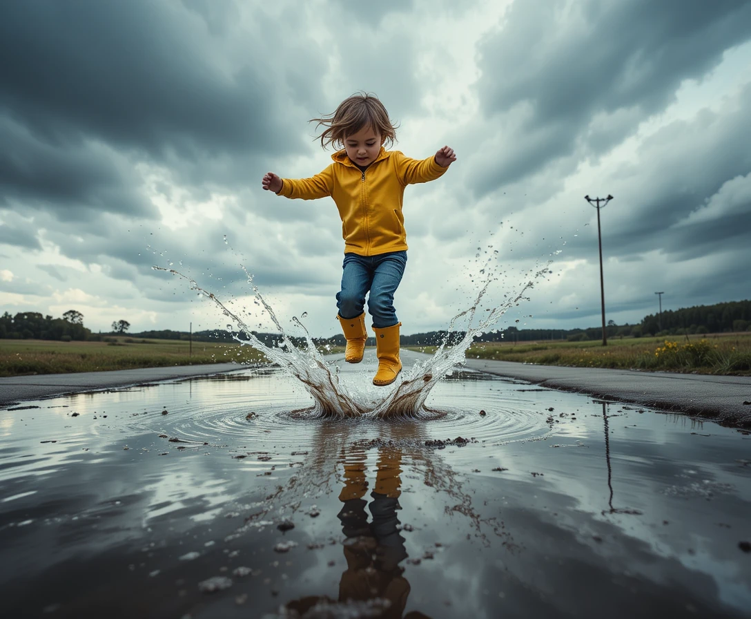 Child in yellow boots jumping in a stormy puddle