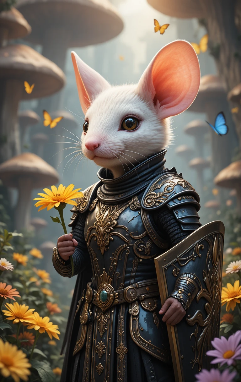 Chevalier souris blanche tenant une marguerite dans une forêt fantastique