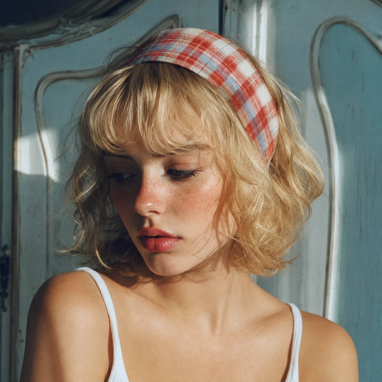 Retrato cinematográfico de uma mulher loira sardenta em foco suave