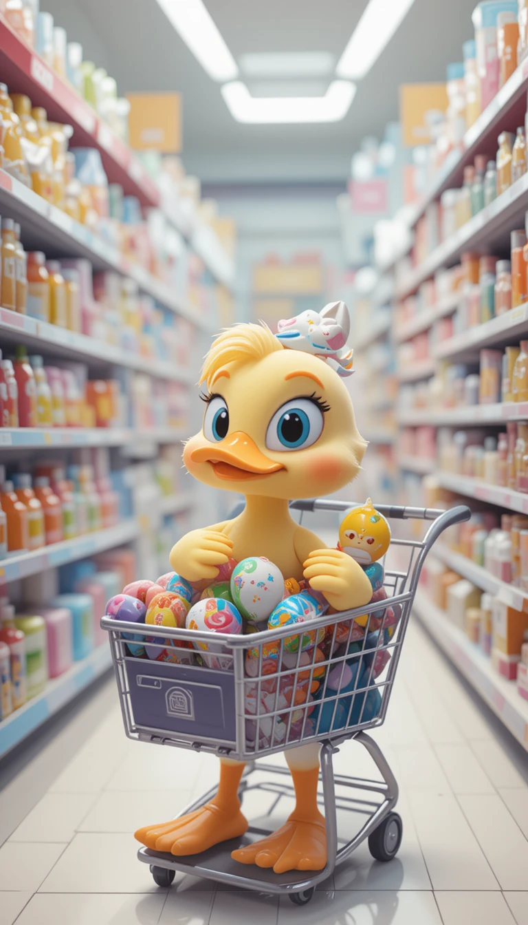 Patinho fofo vai às compras animado com o carrinho cheio