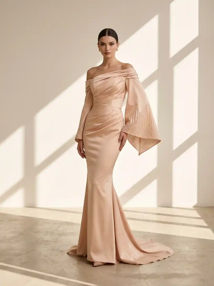 Donna elegante in abito couture in studio minimalista