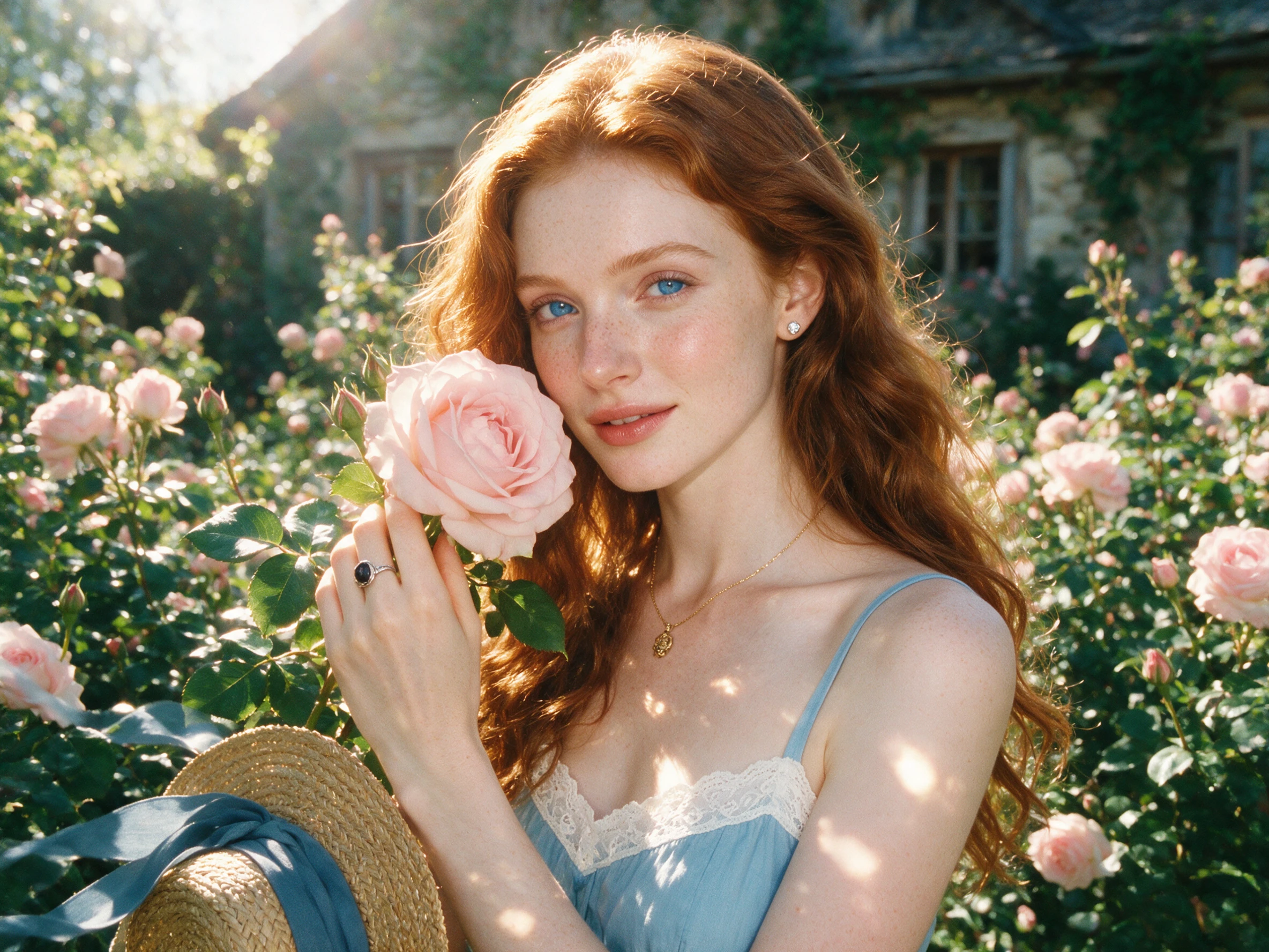 Retrato de jovem mulher com rosa em jardim banhado de sol