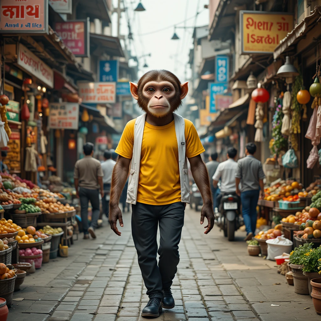Anthropomorpher Affe geht durch belebten indischen Straßenmarkt