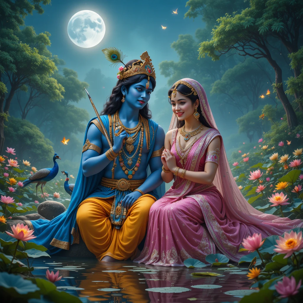Divine Krishna and Radha by a moonlit forest pond