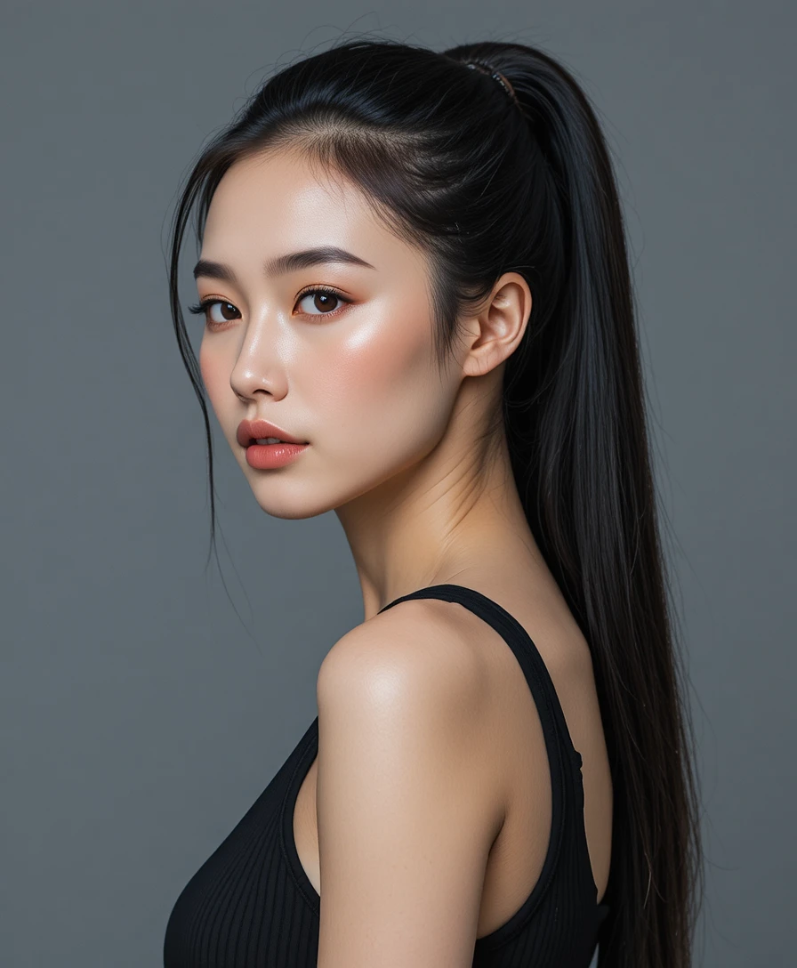 Portrait de profil d’une femme asiatique sur fond gris