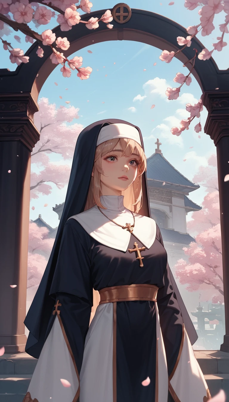 Serene Buddhist girl at a mountain temple at dawn
