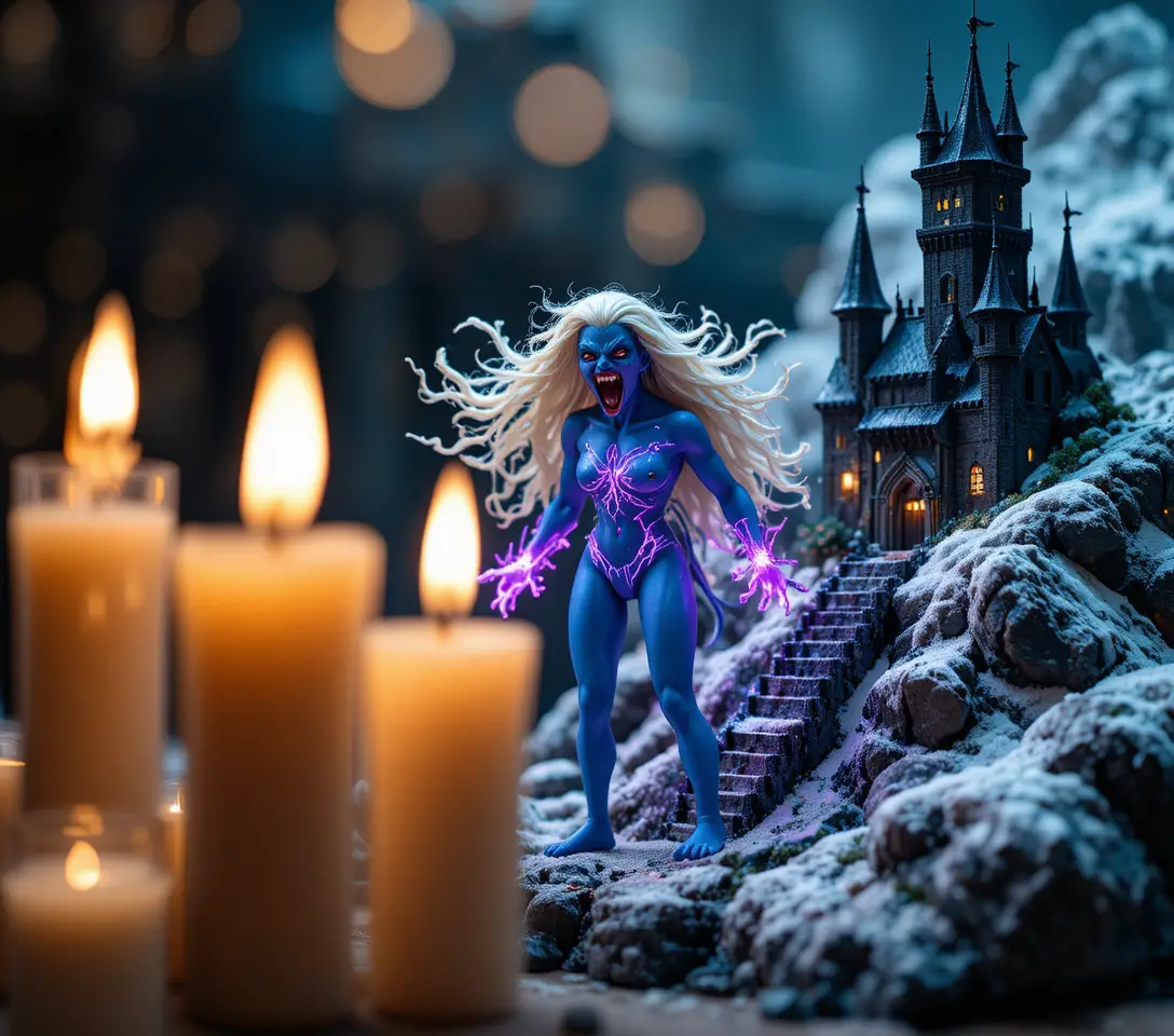 Blue skinned succubus in candlelit fantasy diorama