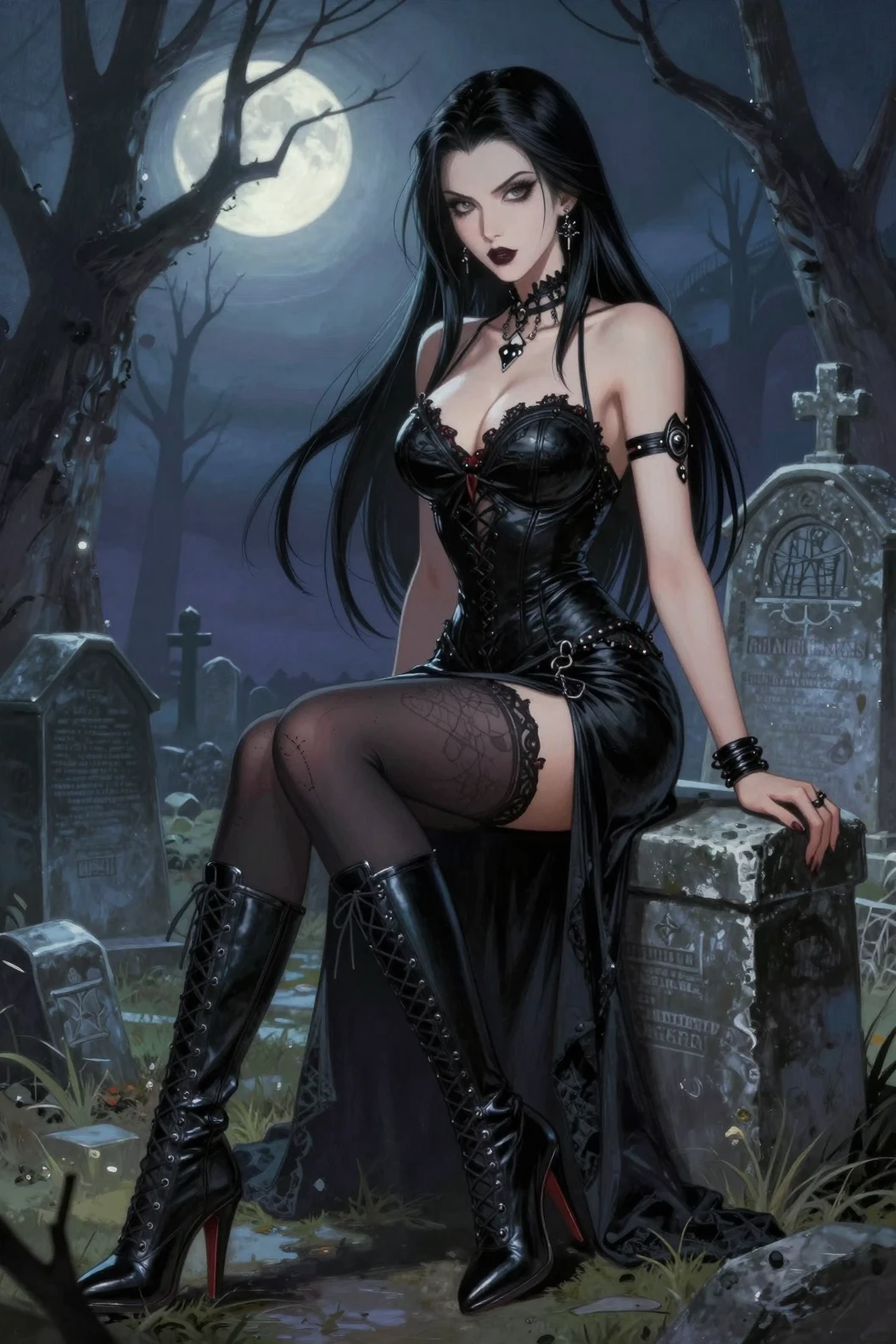 Vampira in abito gotico seduta su una tomba