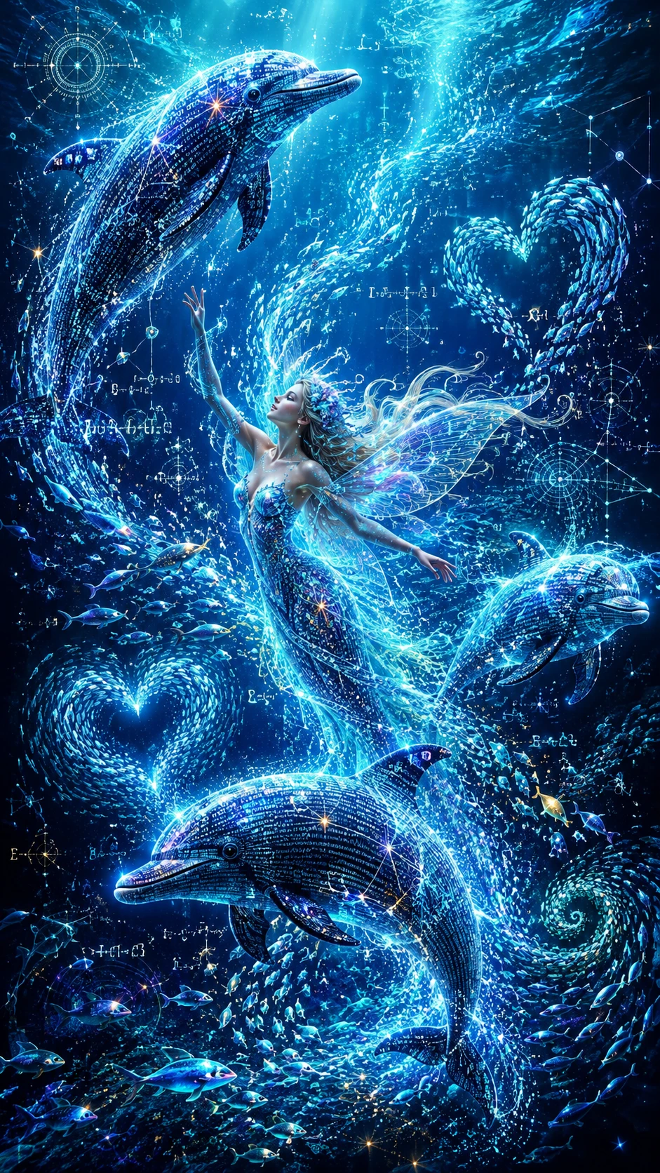 由數據雕塑而成的海豚躍入水晶般的幻想海水