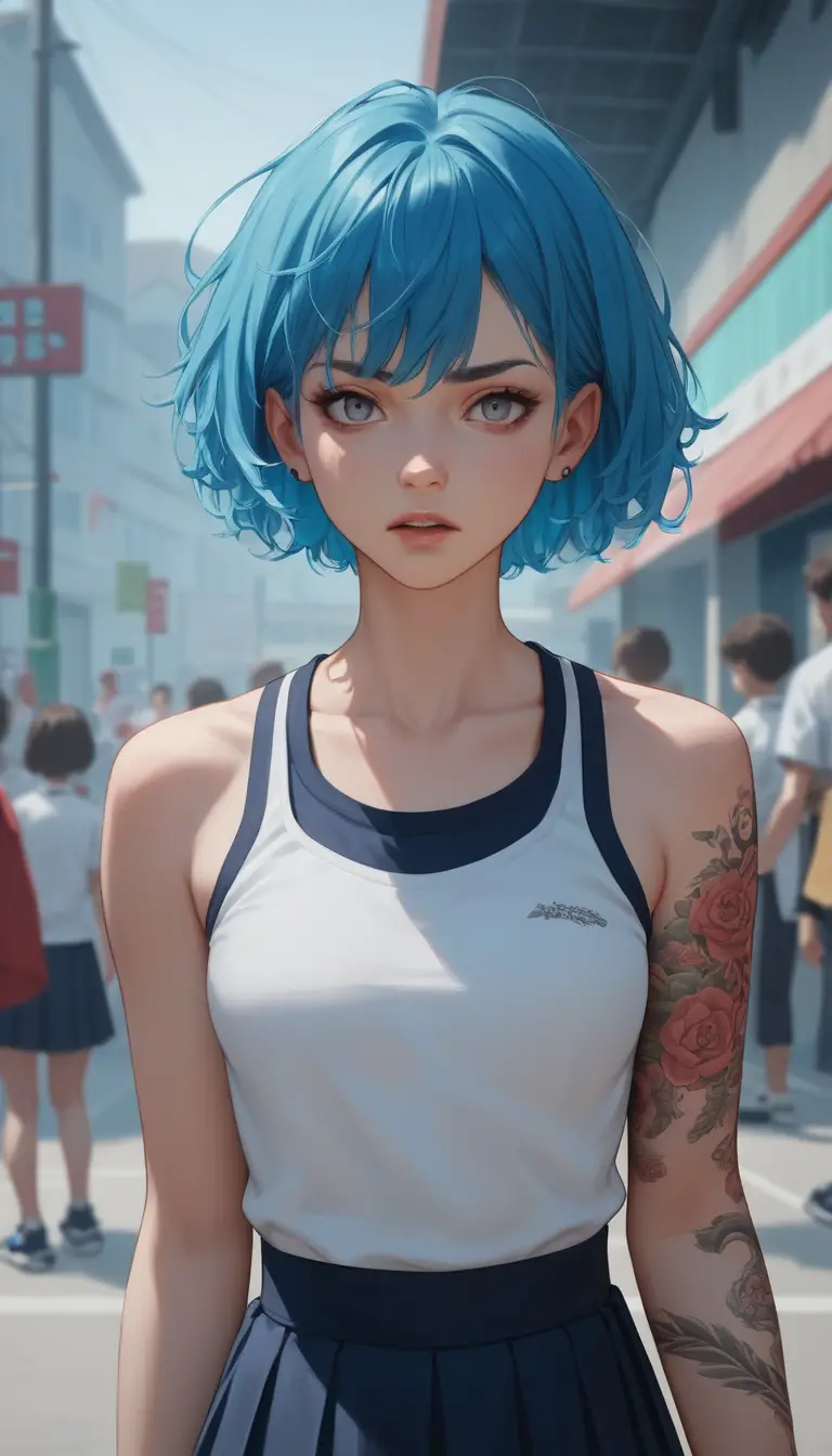 Injured Anime Schoolgirl Standing In A Crowded Gym