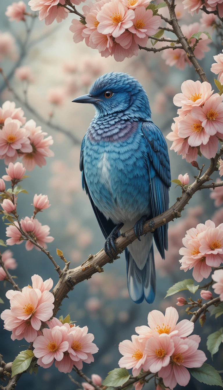 Pássaro azul em pessegueiro florido em estilo aquarela