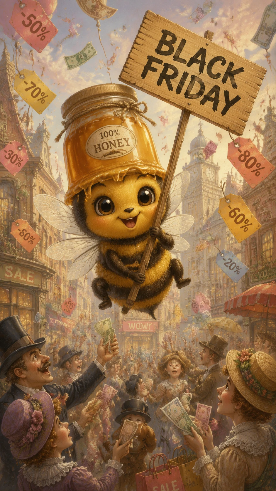 Cheerful honeybee with Black Friday sign in pastel city