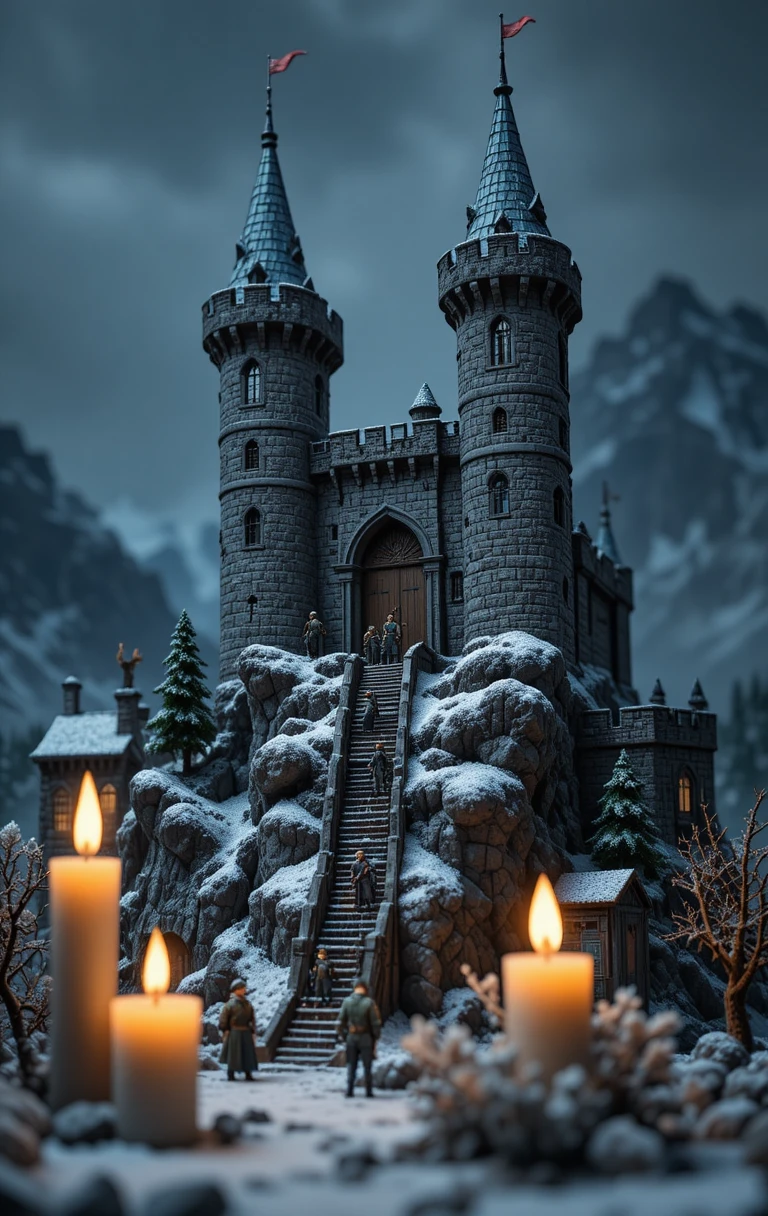 Castelo de pedra em miniatura na montanha nevada com luz morna de velas
