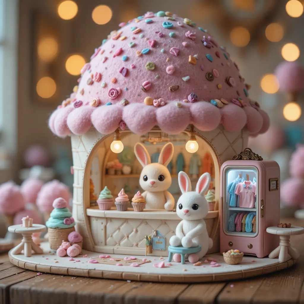 Niedlicher Eisladen aus Filz mit zwei kawaii Hasenverkäufern
