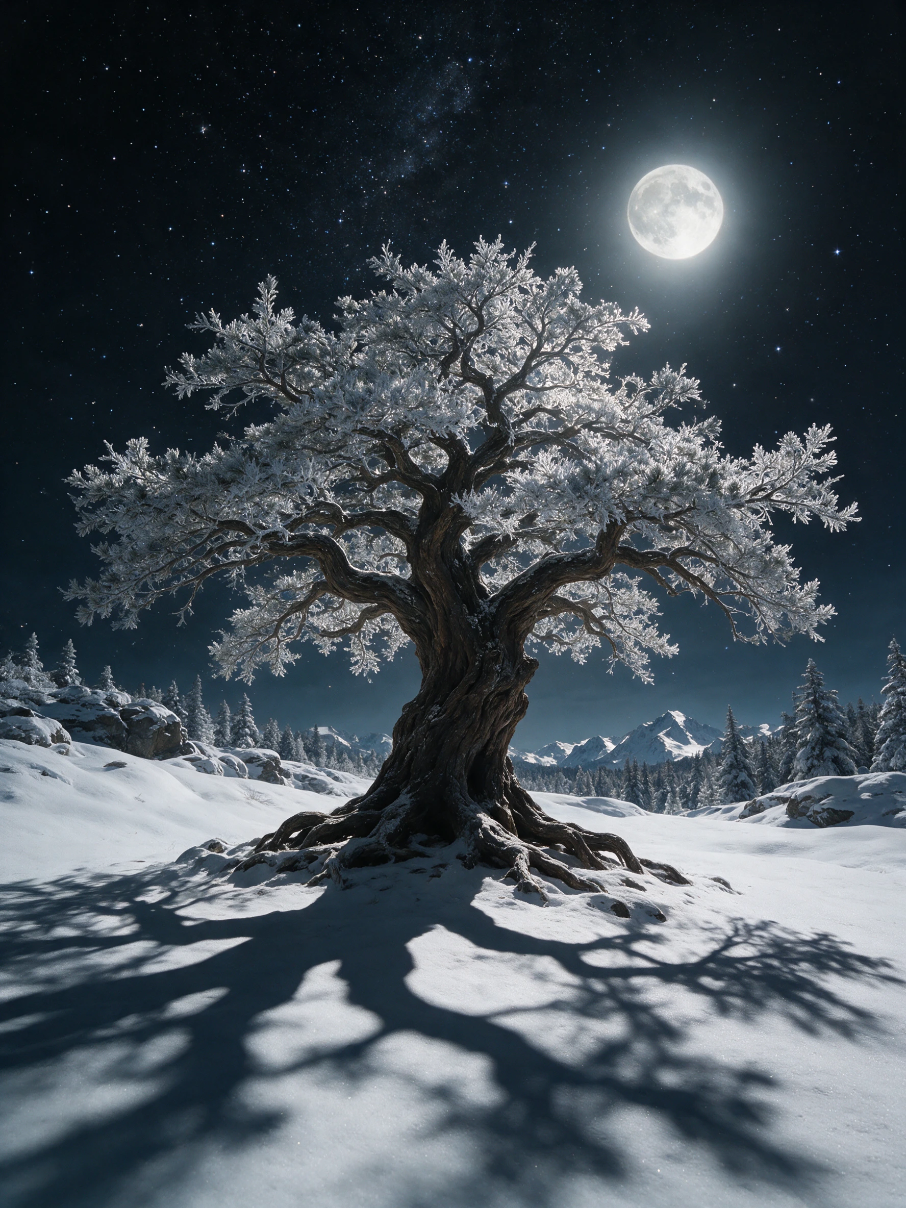 Uralter Baum im mondbeschienenen Schnee unter einem Sternenhimmel