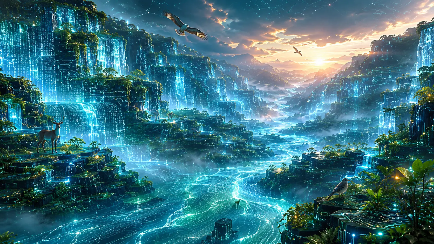 Epic digital canyon landscape of data and living vines