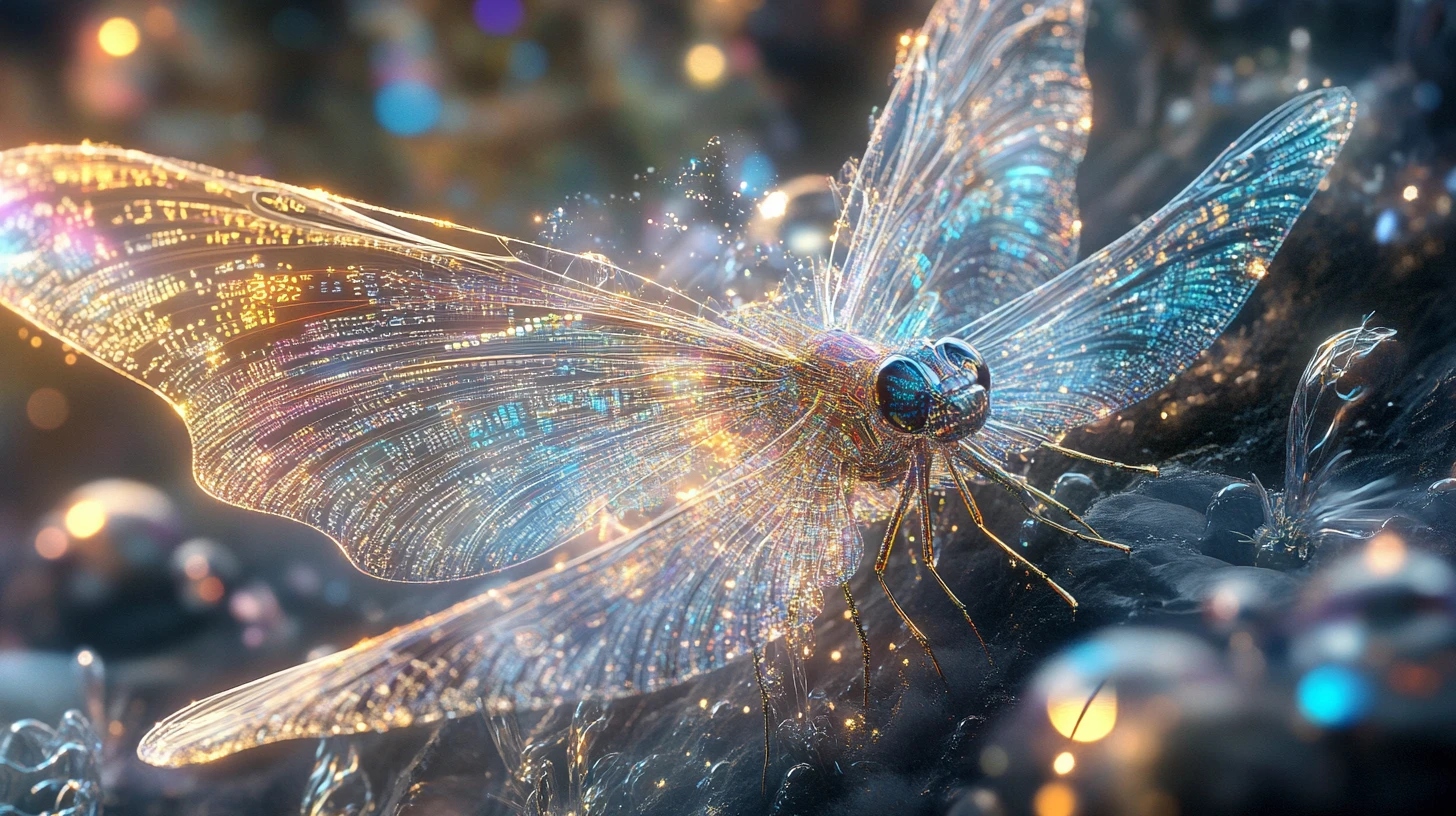 Gros plan extrême d’une libellule aux ailes de cristal tissées de données