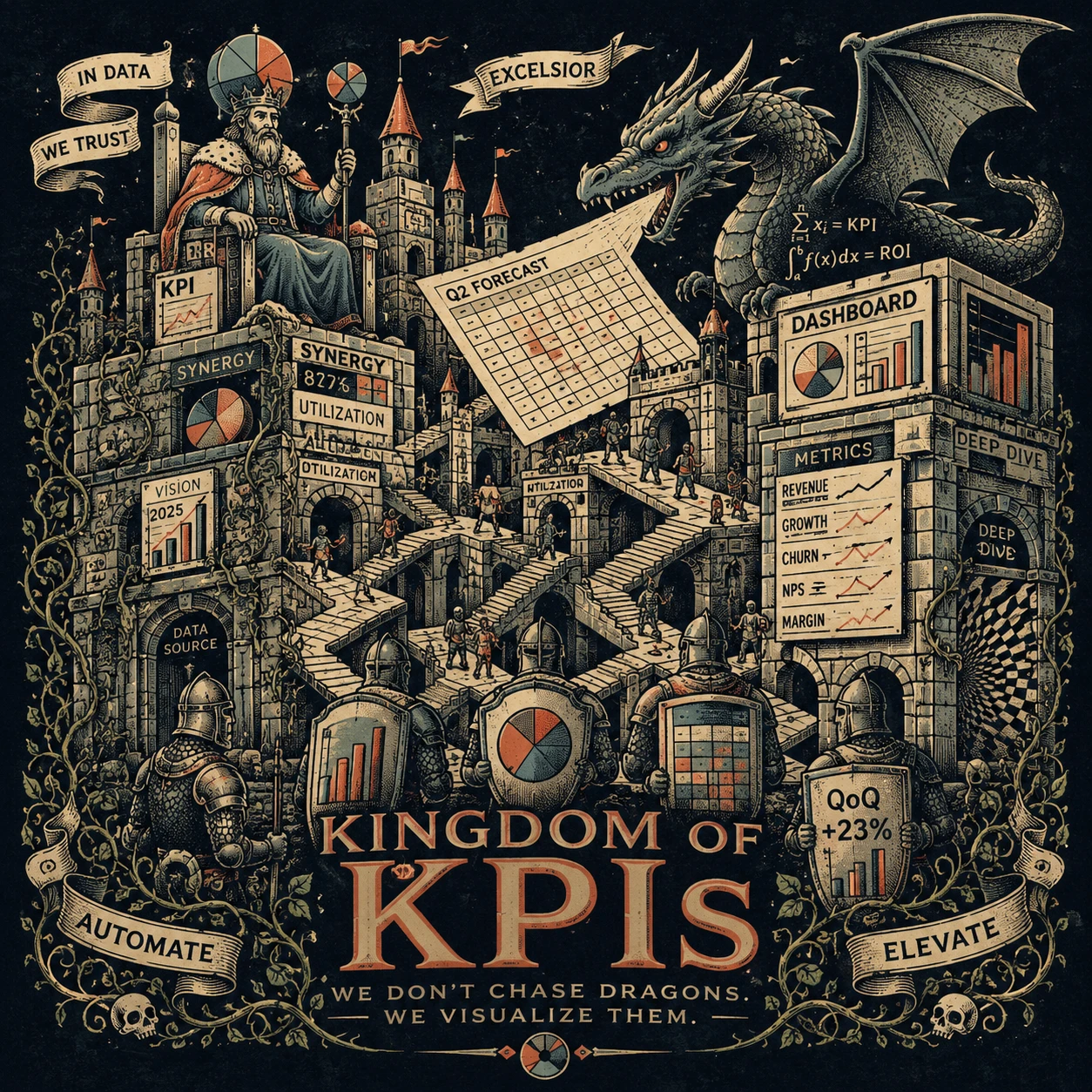 Reino de dados medieval com castelos de dashboards e gráficos