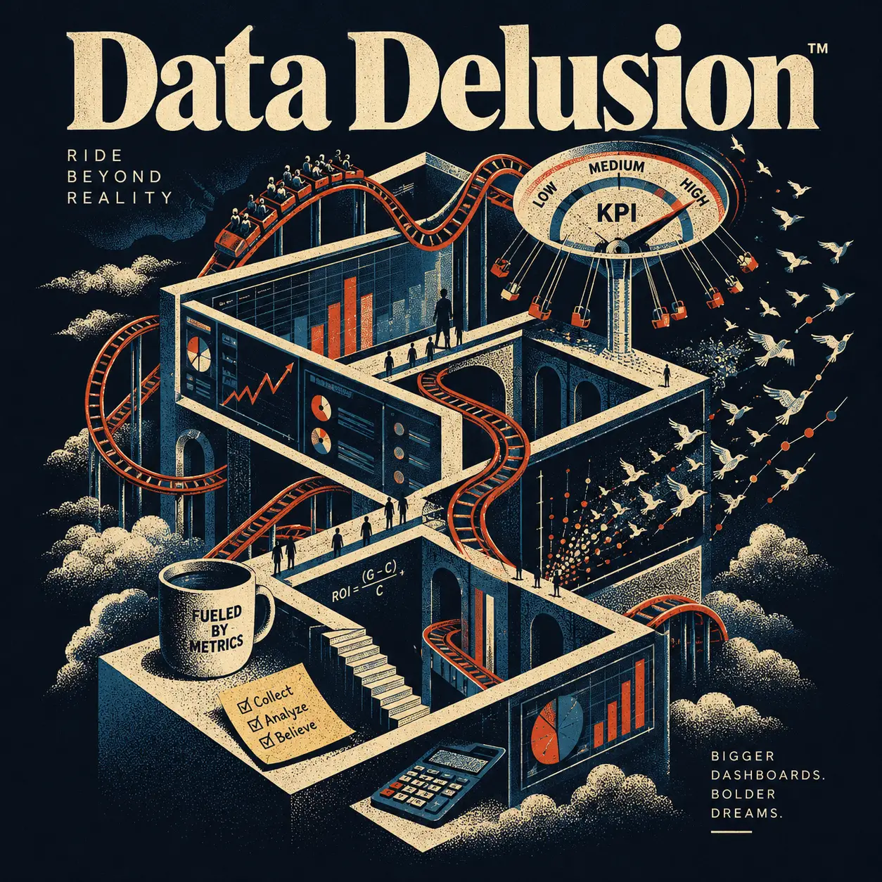 Futuristische Datendashboards, die sich in surreale Achterbahnen verdrehen
