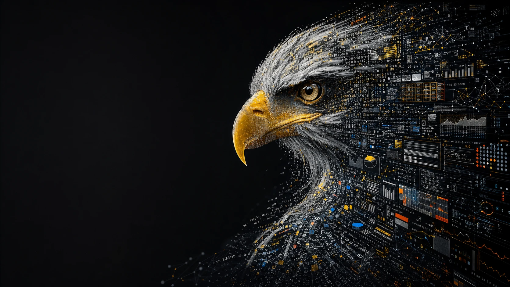 Retrato de águila en glifos de datos con espacio negativo dramático