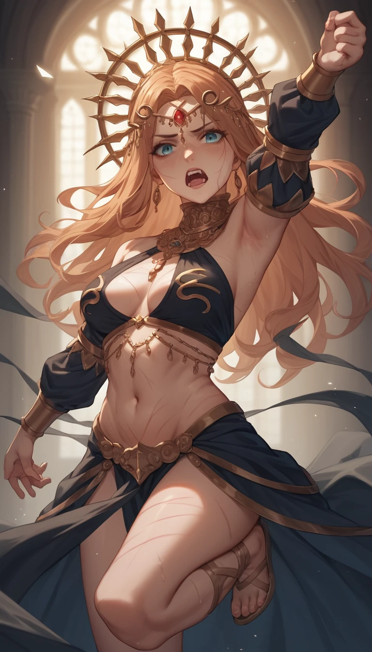 Scarred anime catgirl in pain inside a medieval palace