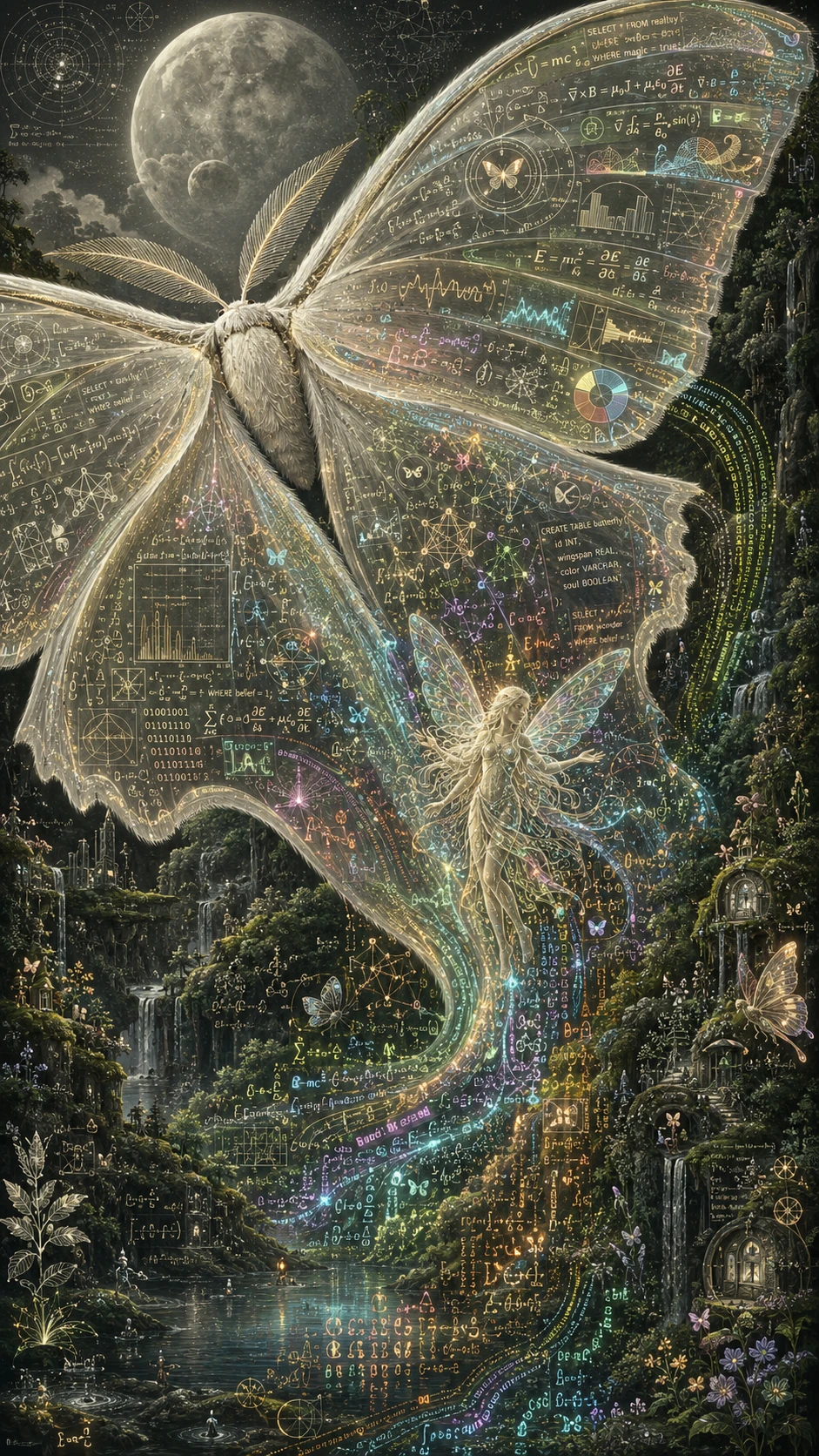 Luminous fairy resting on a colossal luna moth