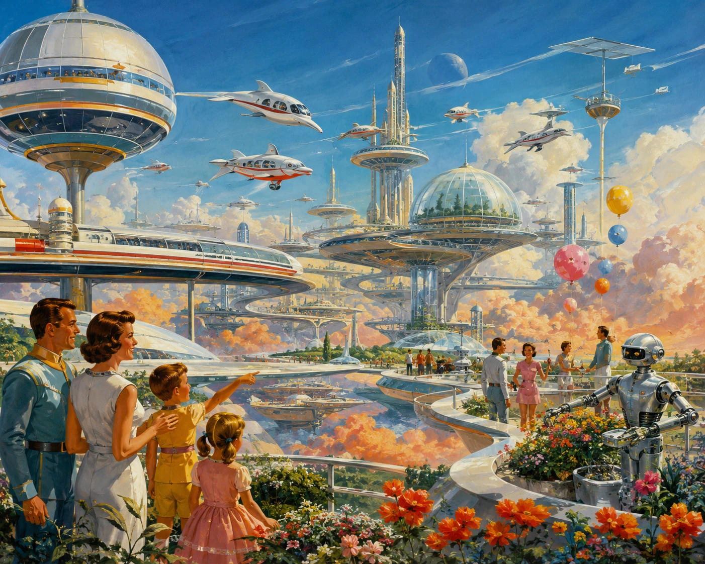 Ville rétrofuturiste flottante et optimiste au-dessus de nuages colorés