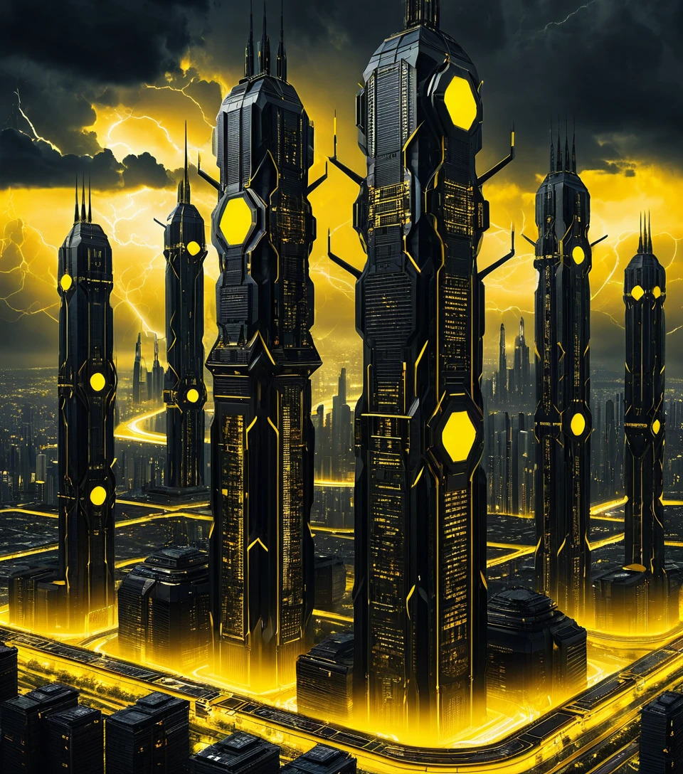 Futuristic sci fi city of towering cybernetic skyscrapers