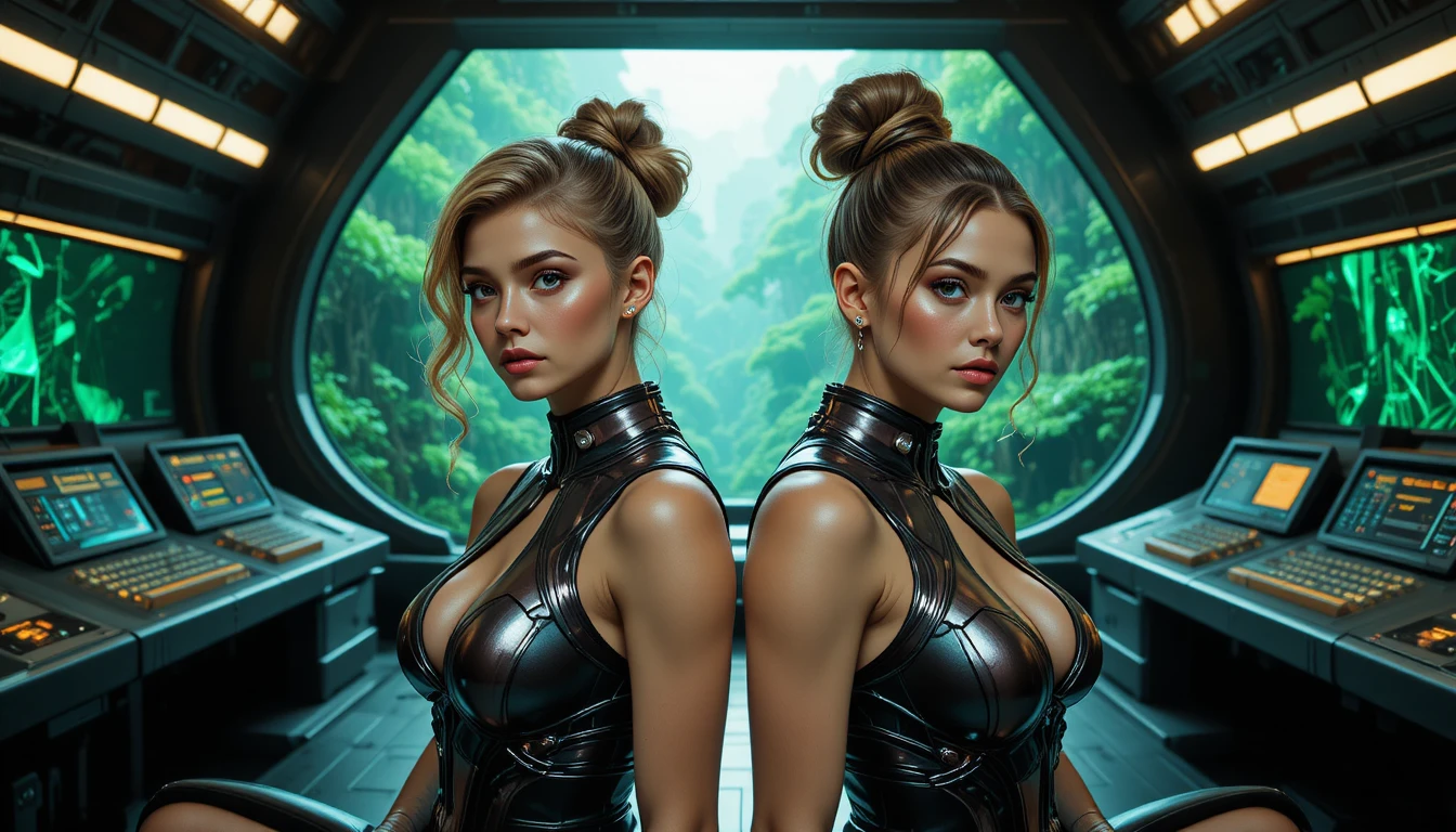 Two sci fi women in a futuristic control room