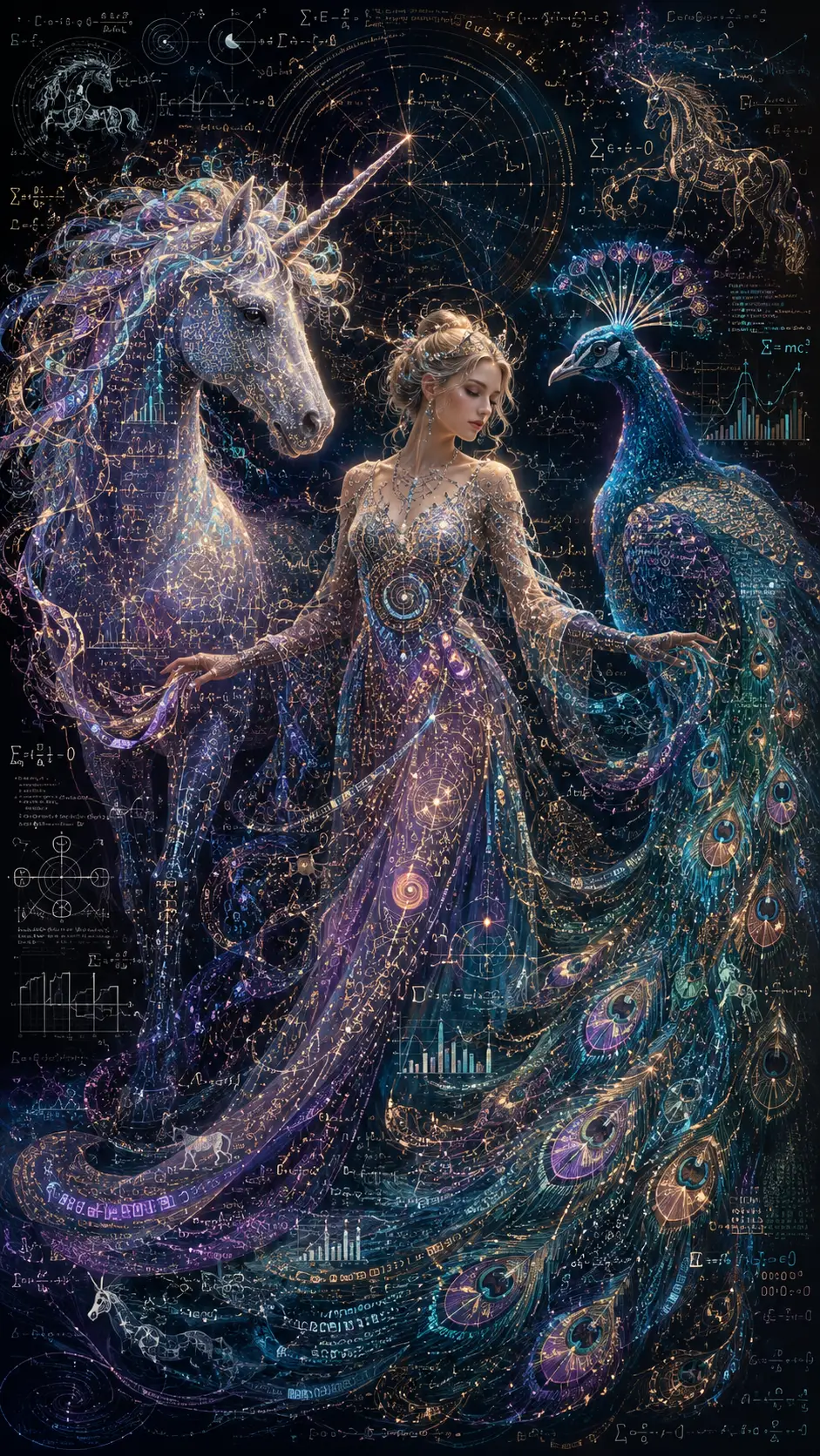 Gardien de licornes entre licorne lumineuse et paon majestueux