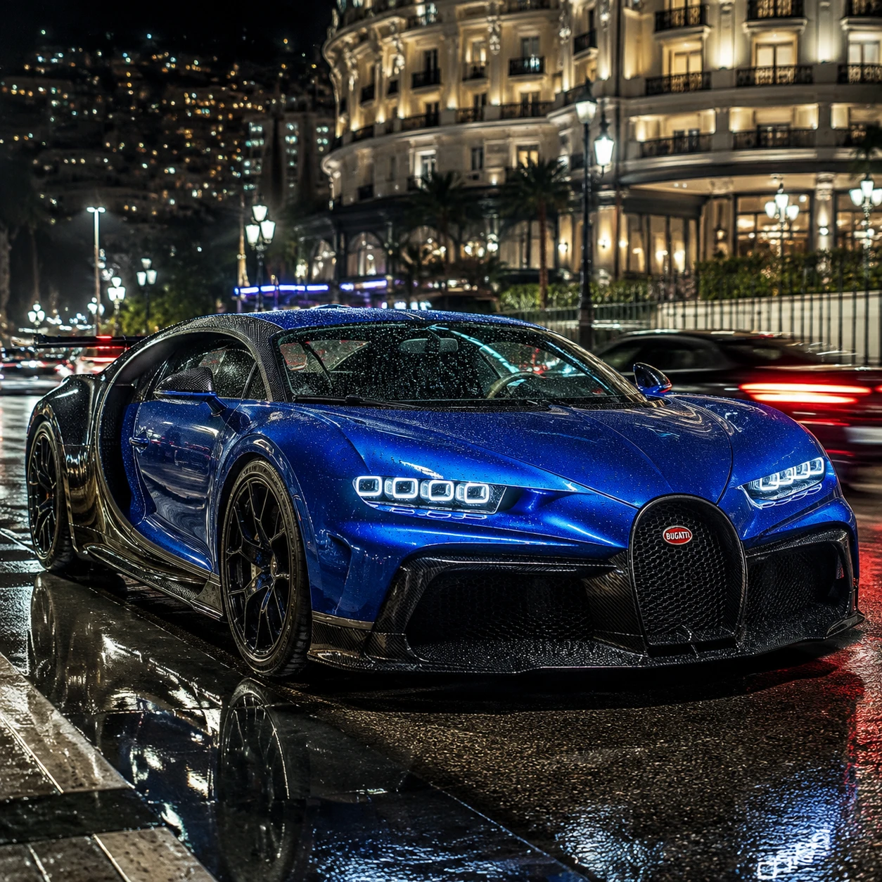 Hypercar Bugatti en una calle mojada de Mónaco de noche