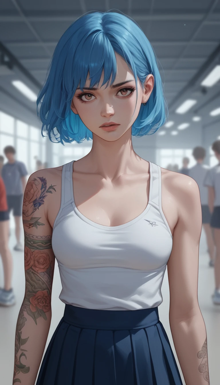 Primo piano di studentessa anime sofferente in una palestra affollata